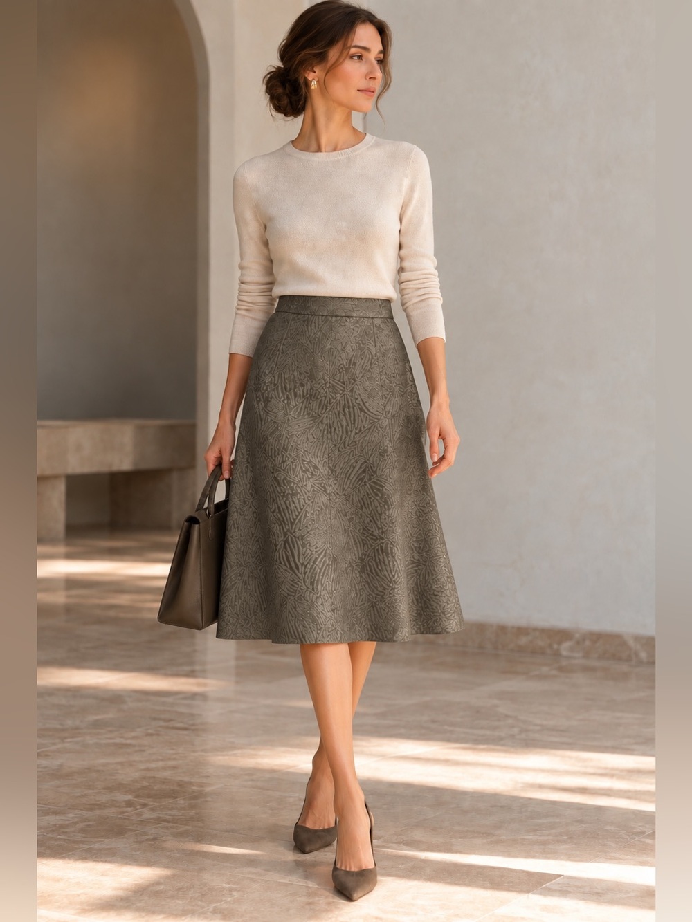 Max Mara Silk Cotton Jacquard A-Line Skirt Olive/khaki Leaf Print Size 12
